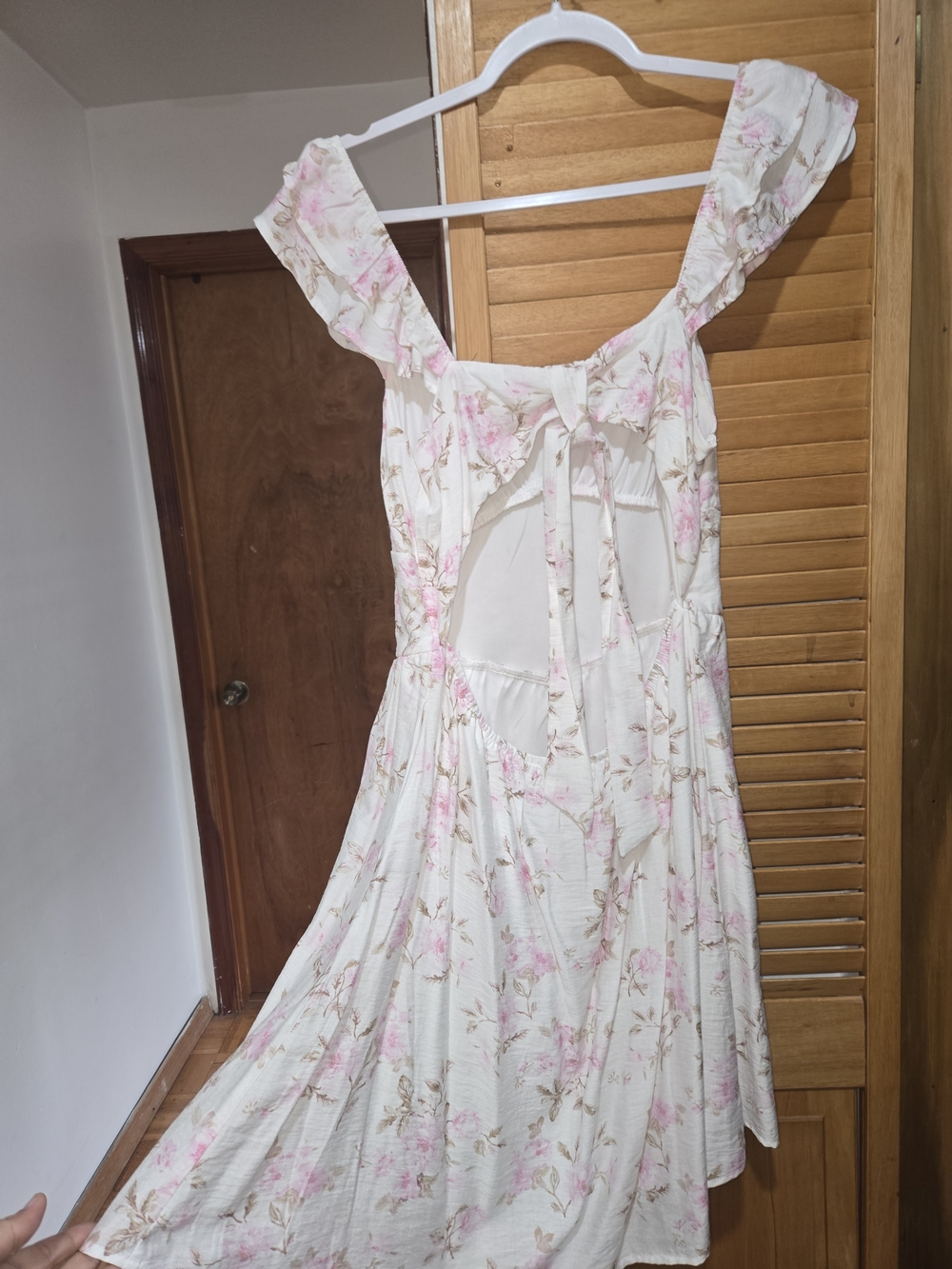 ASOS Cream Midi Dress with Pink Floral Ruffle Straps